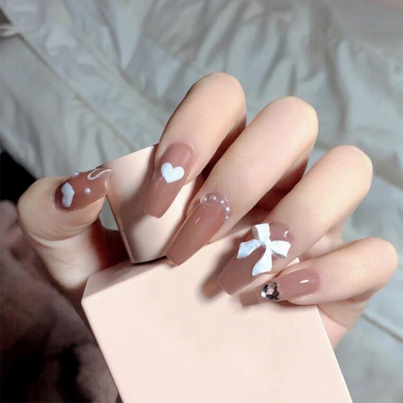 YADORNOS Set 24 móng tay giả đính nơ thiết kế dễ thương cho nữ