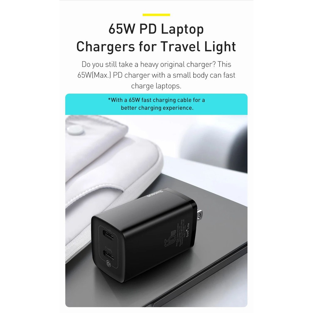 Cốc sạc nhanh siêu nhỏ Baseus 65W GaN2 Lite Quick Charge 4.0 3.0 PD Sạc Nhanh Cho IPhone12 Xiaomi Macbook Pro Loại C