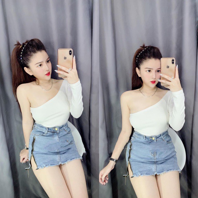 Áo NỮ lệch vai tay dài / áo kiểu croptop | Áo 1 tay | steven.factory