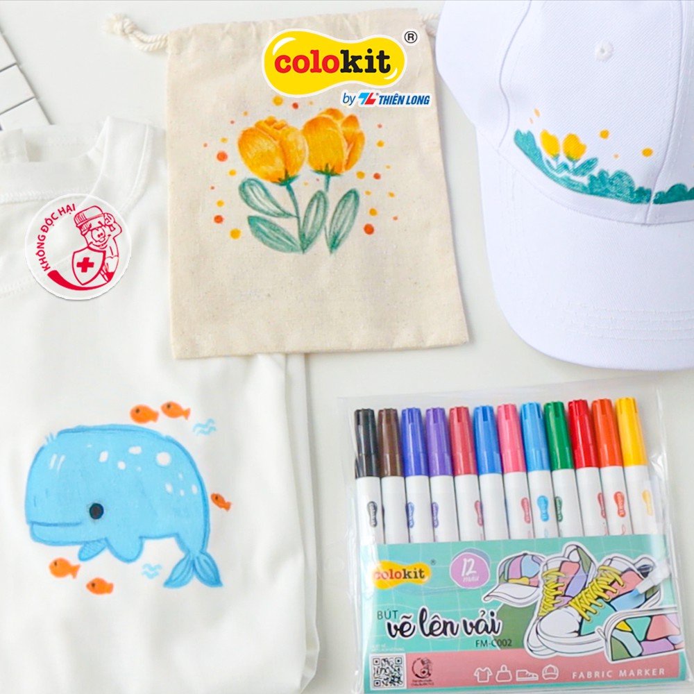 Bút vẽ lên vải 12 màu Fabric Marker Thiên Long Colokit FM-C002 - (Tặng 01 túi vải Canvas)