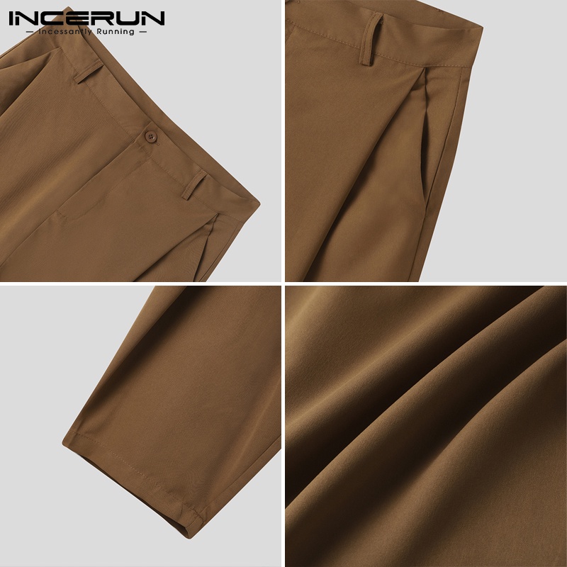 Quần dài INCERUN lưng cao dáng rộng màu trơn xếp ly thời trang cho nam