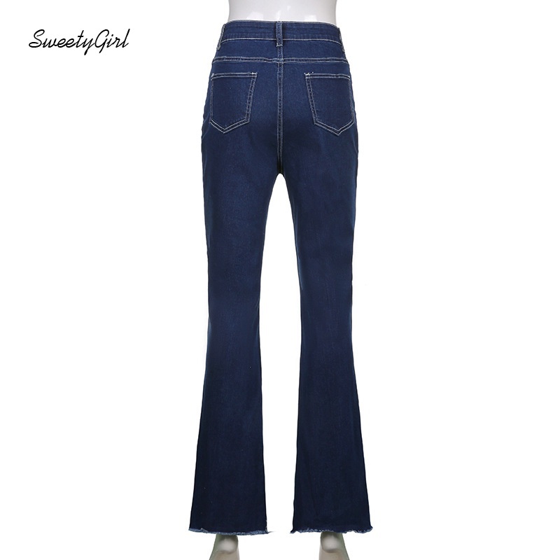 Quần Jeans Dài Ống Loe Lưng Cao Màu Trơn Thời Trang Cho Nữ