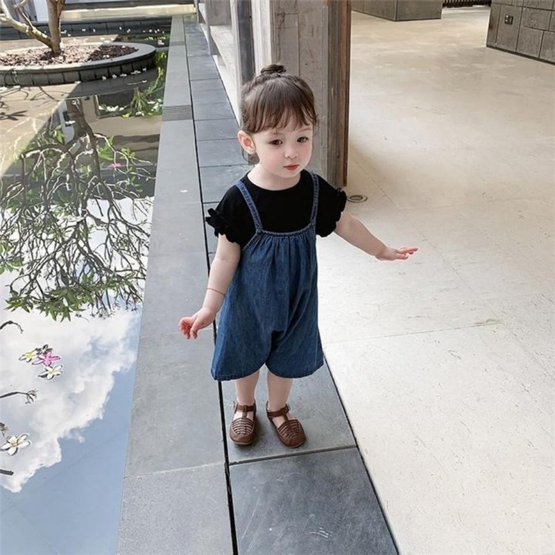 Quần Yếm Denim Ống Rộng Thời Trang Mùa Hè Hàn Quốc Mới Cho Bé Gái
