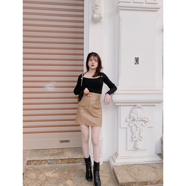 Chân váy da 4 khuy túi trước siêu hot