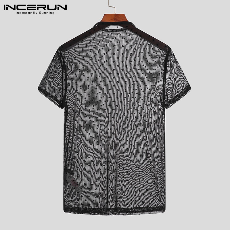 Áo nam INCERUN tay ngắn cổ tròn in chấm bi nhìn thấu hợp thời trang