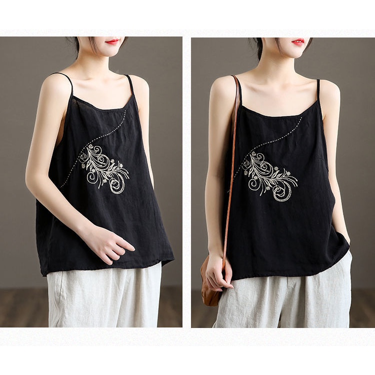 Áo hai dây cotton lanh giả form rộng thêu họa tiết thời trang 2022