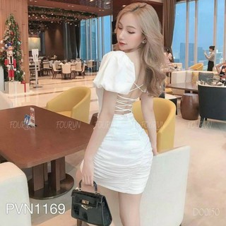 đầm body đan dây lưng nhún thân