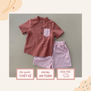 Set đồ bộ bé trai BERRYBABY áo sơ mi cổ tàu và quần đùi vải thô cam Mateo