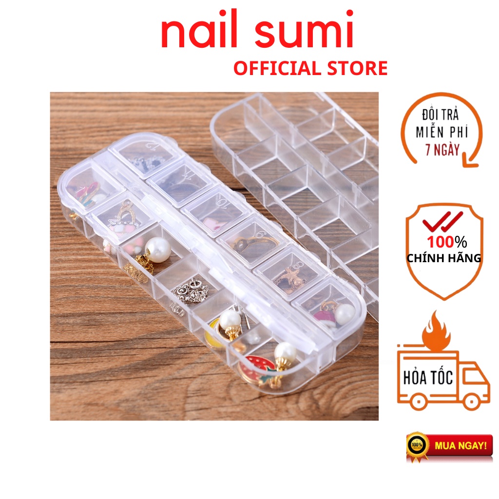 Khay đựng đá nail , hộp đựng đá nail 12 ô nắp bật