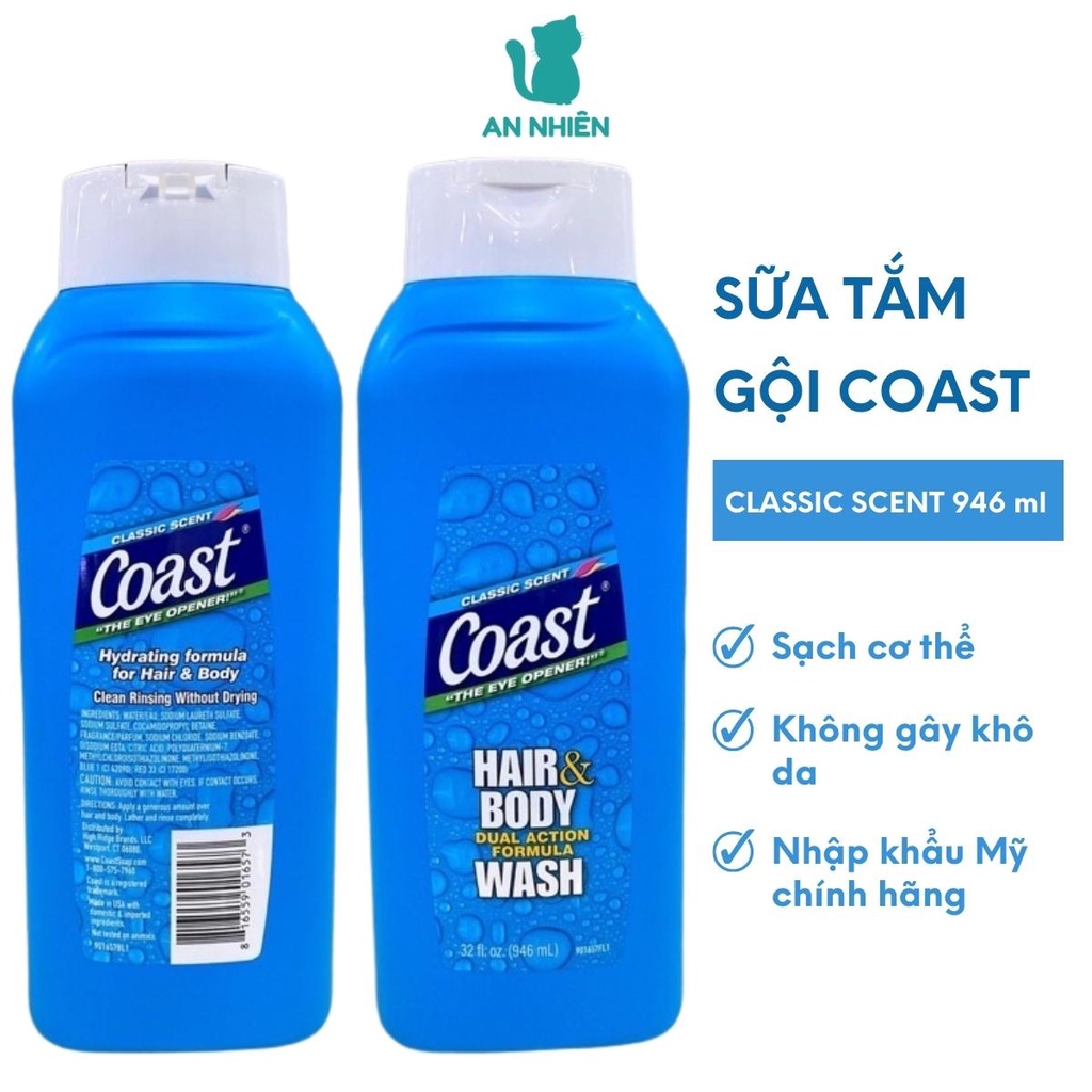 Dầu tắm dầu gội chung Coast Hair & Body Wash dành cho Nam lưu hương lâu không khô da Linh Giang chính hãng