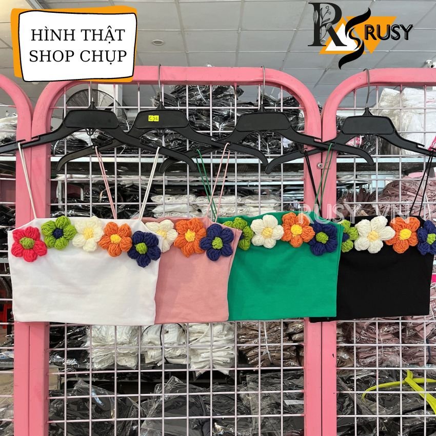 Áo 2s croptop chất borip gân phối ticker hoa cúc đan bằng len siêu đáng yêu