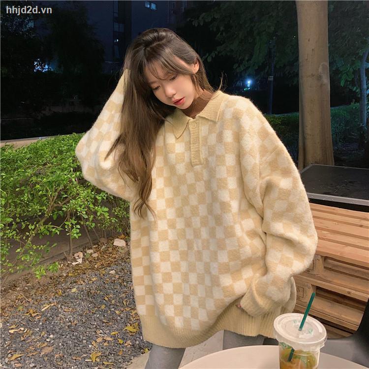 Áo sweater dệt kim cổ POLO dáng rộng in họa tiết kẻ ô phong cách retro Hong Kong thời trang thu đông Hàn Quốc 7 ngày cho nữ | BigBuy360 - bigbuy360.vn