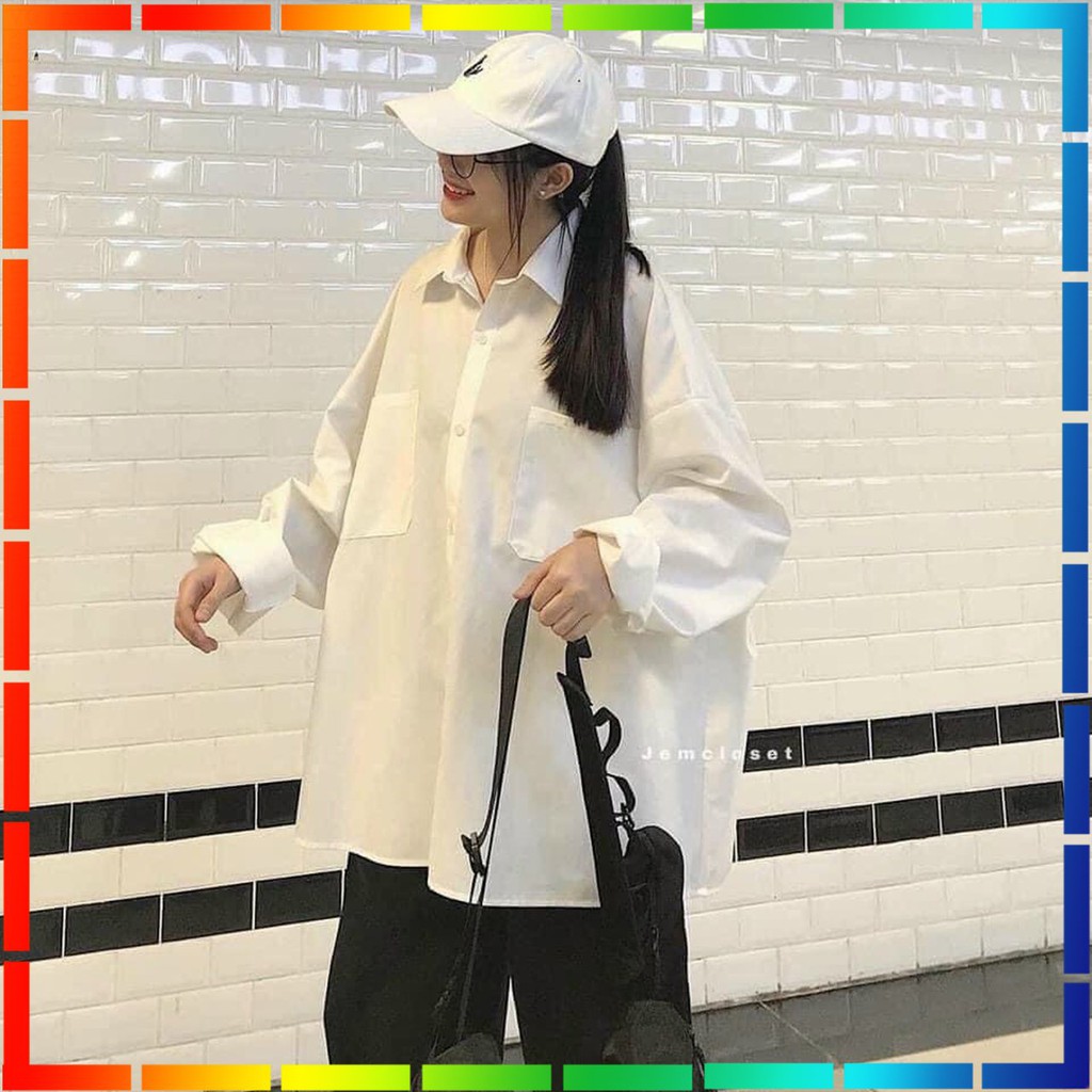 ( ẢNH THẬT ) - ÁO SƠ MI NỮ MÀU TRẮNG TAY PHỒNG DÁNG RỘNG 2 TÚI NGỰC DÁNG BASIC HÀN QUỐC CHẤT CỰC ĐẸP