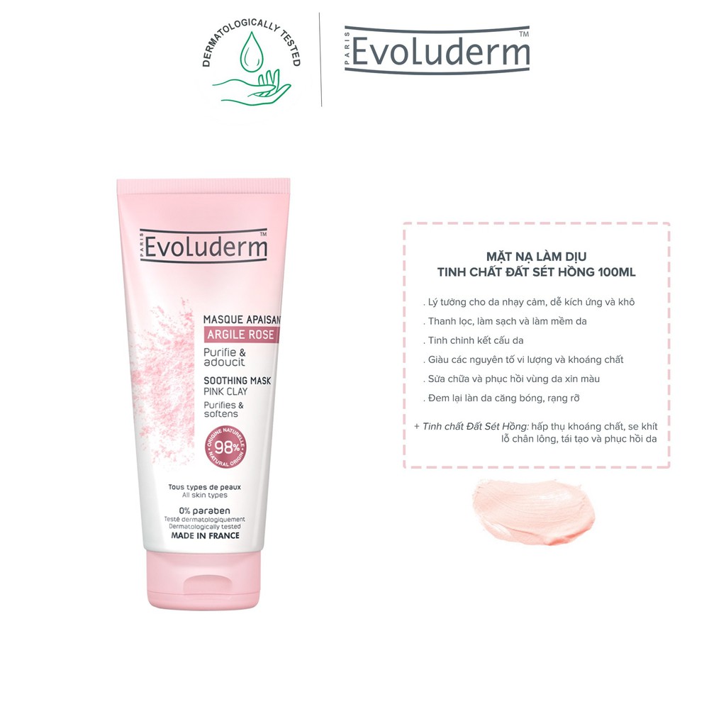 Mặt nạ làm dịu da Evoluderm tinh chất đất sét hồng 100ml - 98% thành phần tự nhiên