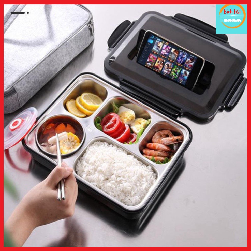 Hộp cơm inox 5 ngăn có nắp đậy, khe cắm điện thoại tặng kèm muỗm thìa inox