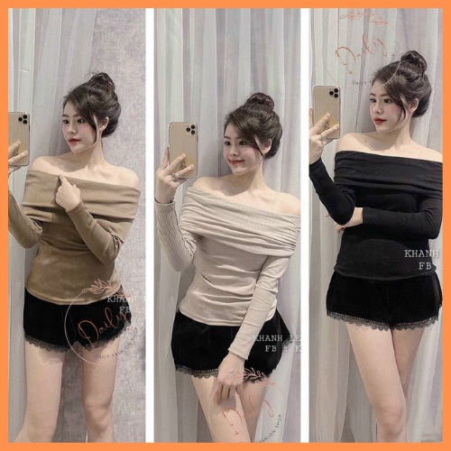 Áo Len Thun Tăm Trễ Vai Dài Tay Bản To Chất Len Mịn Dày Dặn 3 Màu Đen, Nâu, Be