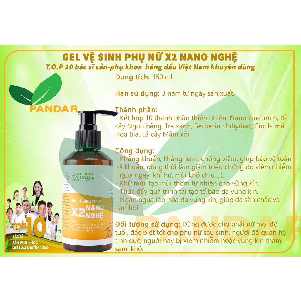 Gel vệ sinh phụ nữ x2 nano nghê, giảm ngứa, làm hồng, se khít, Cỏ cây hoa lá, 150ml, PANDAR