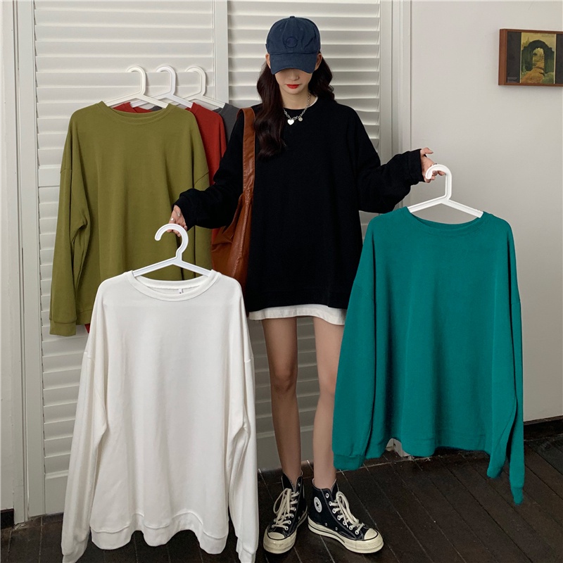 Áo sweater dáng rộng tay dài cổ tròn màu sắc đơn giản thời trang phong cách Hàn Quốc