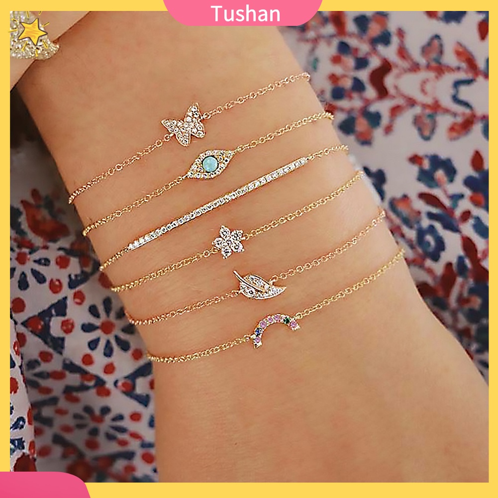 TUSH_6Pcs/Set Butterfly Leaf Evil Eye Charm Rhinestone Inlaid Women Bangle Bracelet