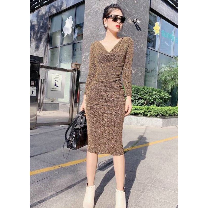 Thiết kế - Đầm dáng ôm cổ đổ thun nhũ, váy body tay dài Korea style