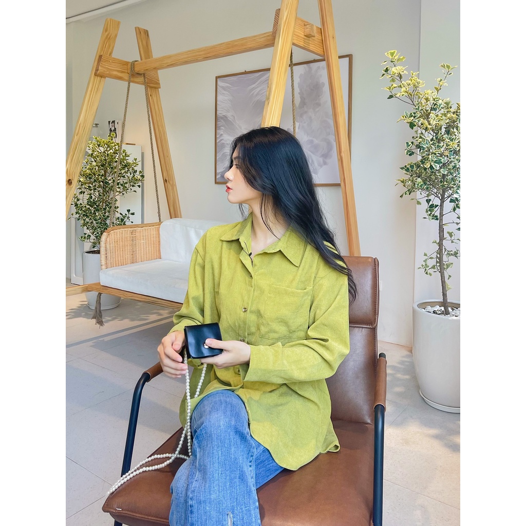 Áo sơ mi nhung tăm, sơ mi nữ, áo dài tay oversize có sẵn, max 63kg