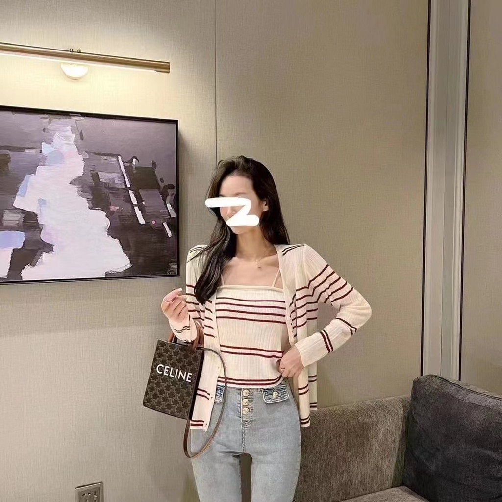 Áo hai dây/Áo khoác cardigan dệt kim ZHELIHANGFEI họa tiết kẻ sọc phong cách quyến rũ thời trang cho nữ