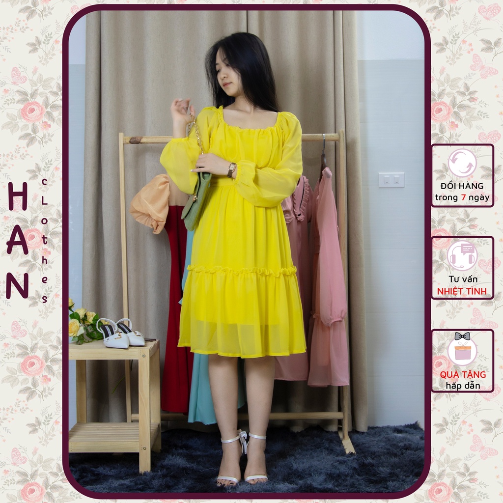 Đầm Voan xếp Ly Dài Tay, Váy Xếp Ly Cổ Vuông VC11