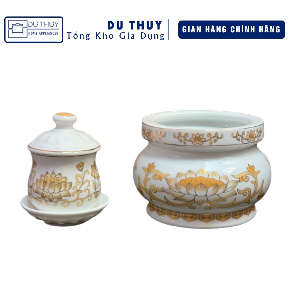 [SET BÁN LẺ] Bộ đầy đủ đồ thờ cúng sen vàng họa tiết tinh xảo, chất liệu sứ tráng men