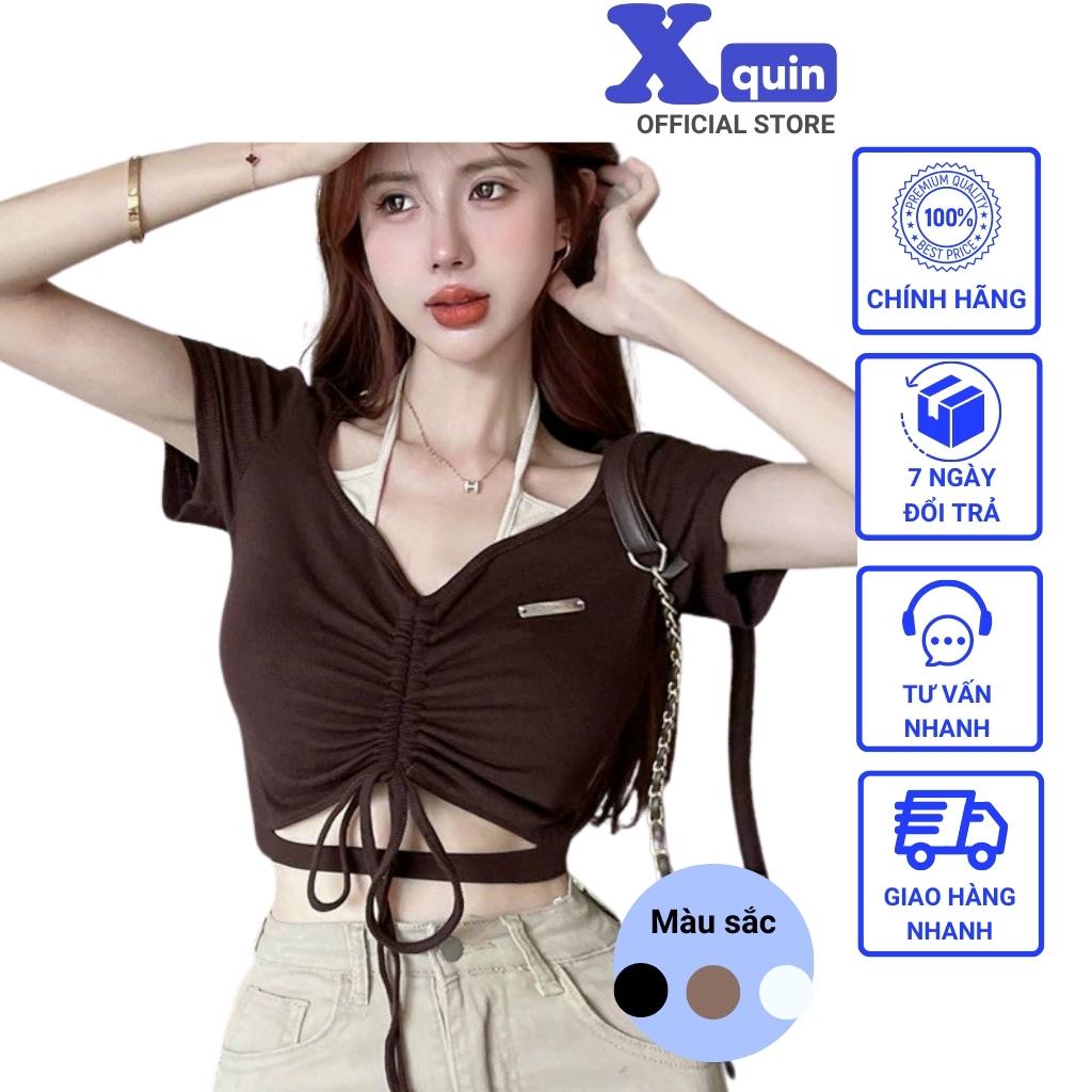 Áo croptop nữ ngắn tay cố giả yếm phối rút dây trước ngực Xquin, Áo kiểu nữ ôm body khoét eo cực sexy
