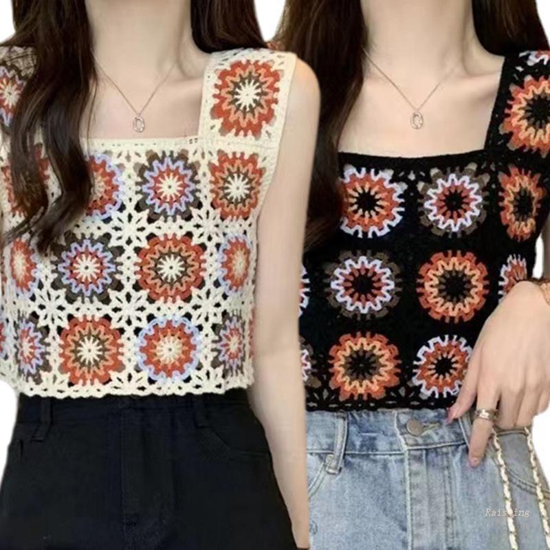 Áo Croptop Đan Móc Không Tay Cổ Vuông Họa Tiết Hình Học Nhiều Màu Sắc Thời Trang Đi Biển Cho Nữ