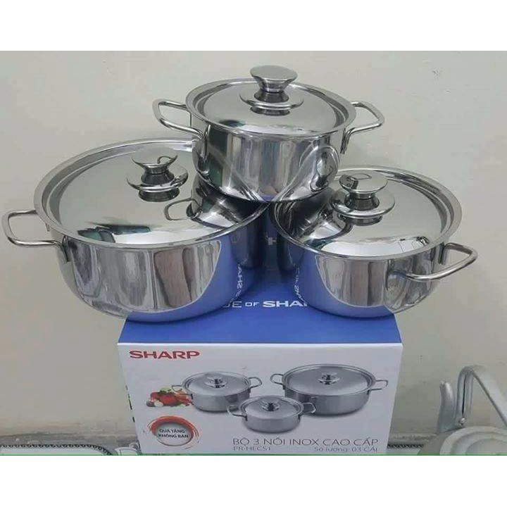 [TẶNG1 MUỖNG INOX] BỘ 3 NỒI SHARP NẮP INOX CHỐNG GỈ CAO CẤP GỒM 3 NỒI 24cm 20cm 16cm DÙNG ĐƯỢC BẾP TỪ