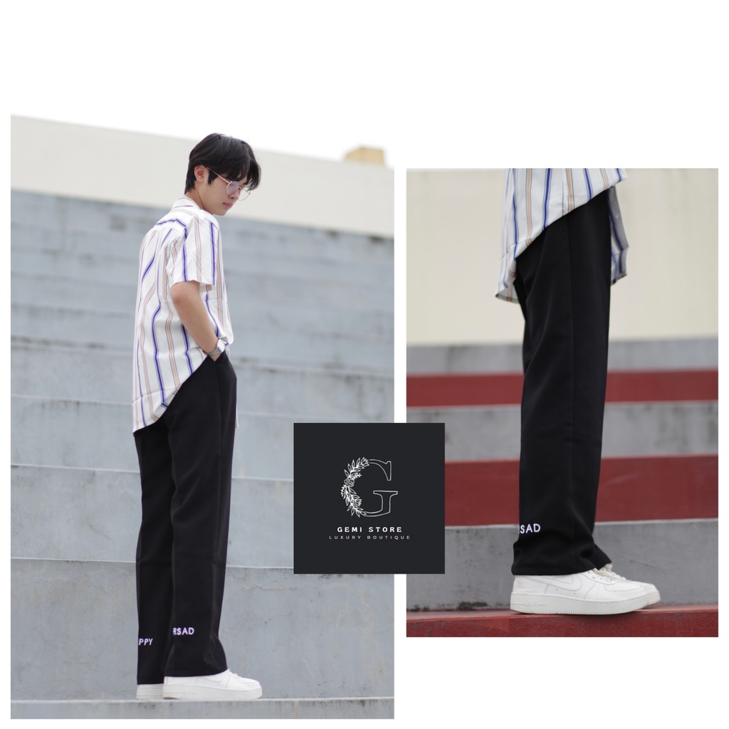 Quần Vải Suông Nam Nữ HAPPYORSAD Line Đen ( Line Pant MA99 Ống rộng )