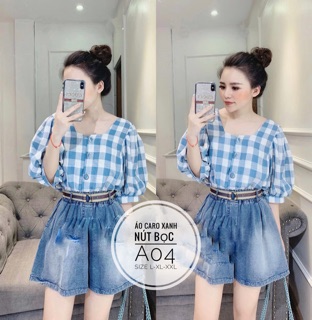 Bigsize Áo caro xanh nút bọc A04