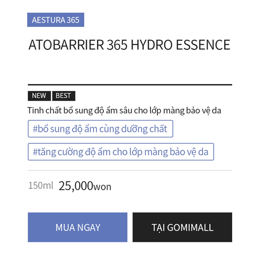 Tinh Chất Dưỡng Ẩm Phục Hồi Da Aestura Atobarrier365 Hydro Essence 150ml GomiMall