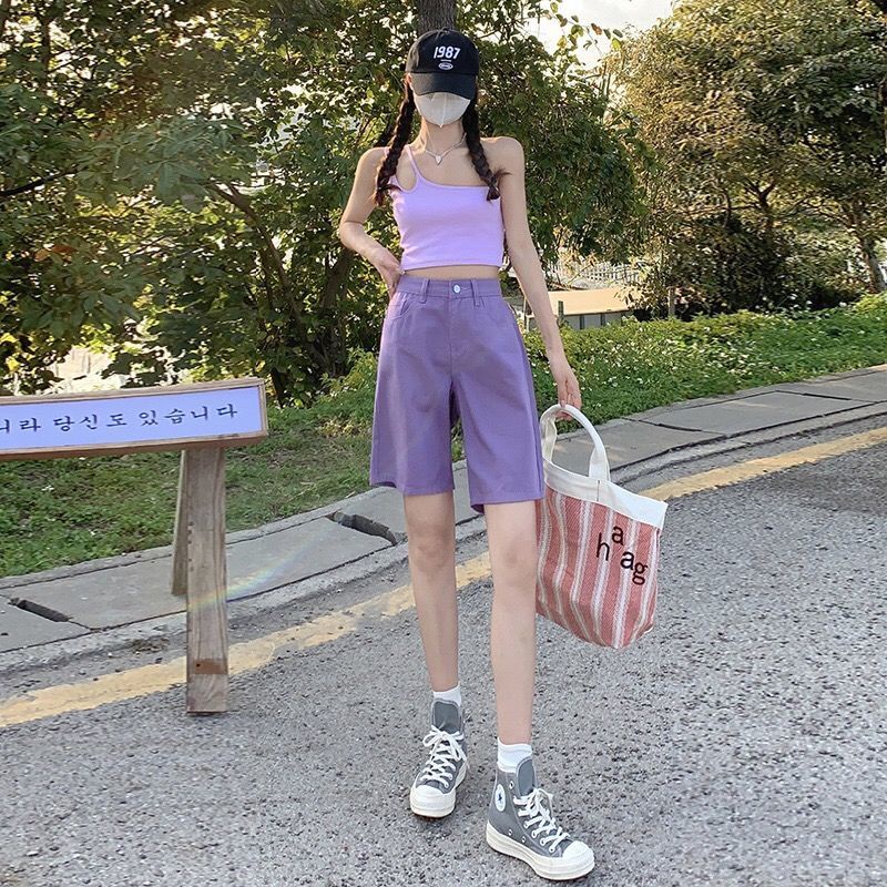 Quần Short Denim Dáng Suông Ống Rộng Lưng Cao Màu Tím Phong Cách Thời Trang Mùa Hè Mới Dành Cho Nữ 2022