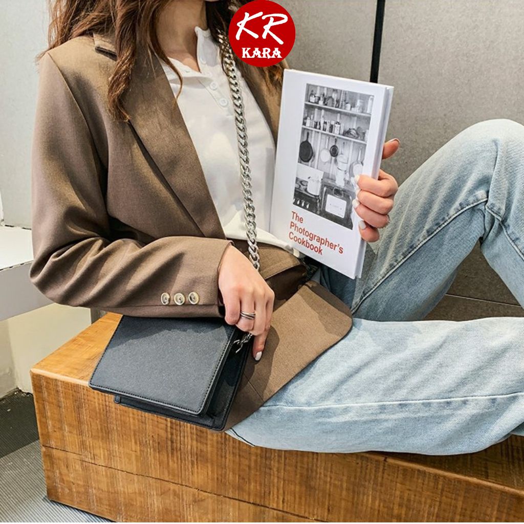 Túi Đeo Chéo Nữ Basic Bản Vuông Phối Xích KARA 477- Size 18*13*6cm, Dây xích xịn sò 107cm, Da PU cao cấp
