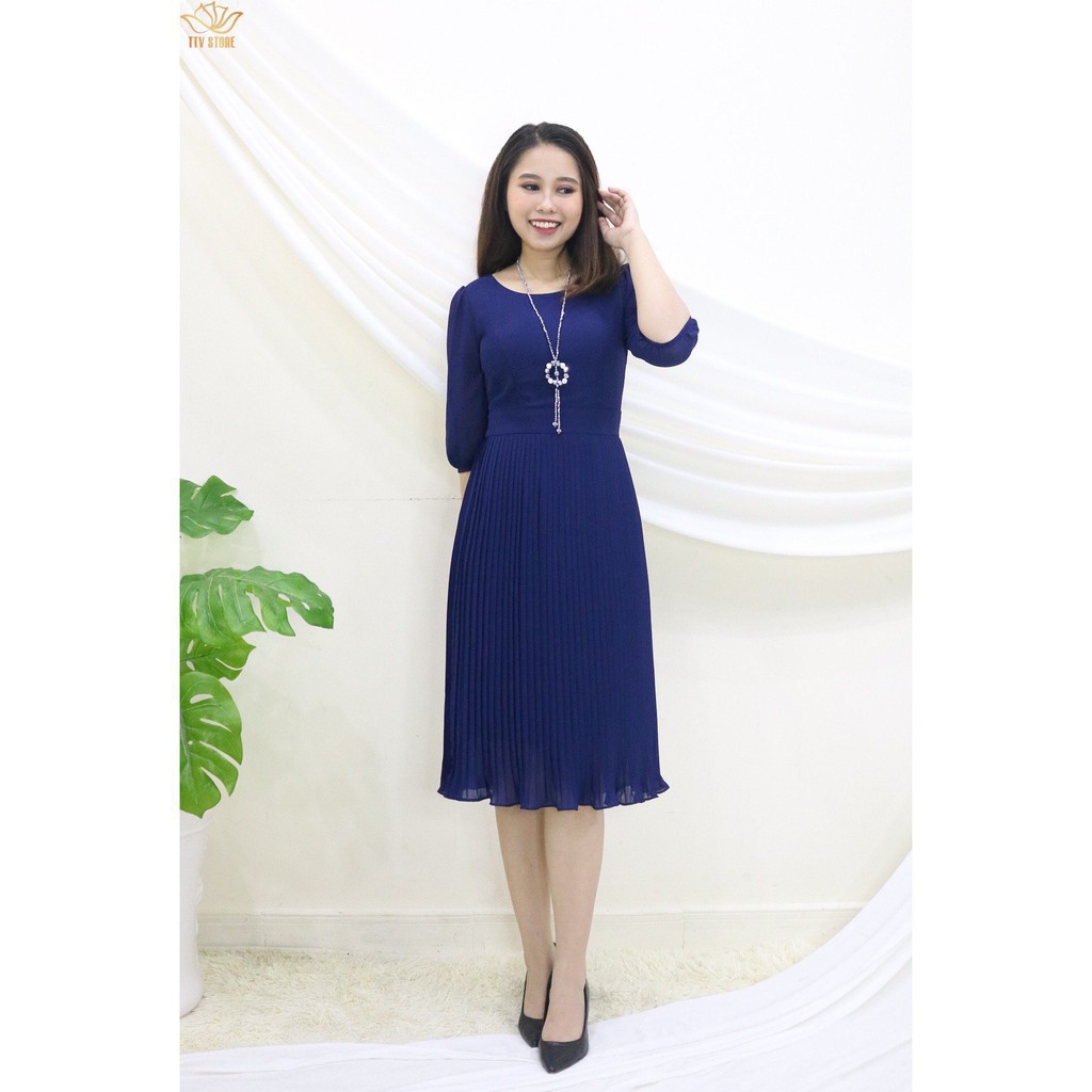 Đầm xanh đen form xòe , tay bo chân dập ly TTV Store - TTV394