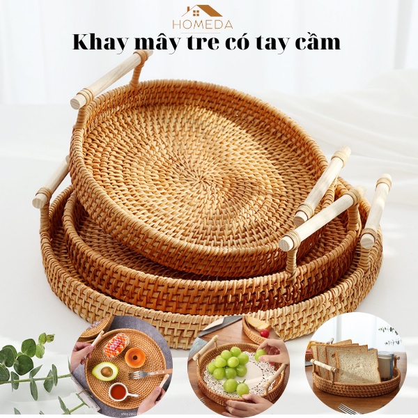 Khay tròn đựng đồ trang trí decor có quai, rổ mây tre đan đa năng tiện dụng Homeda