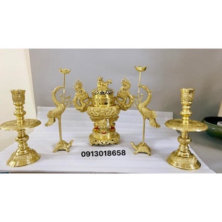 Bộ đỉnh thờ lư thờ bằng đồng vàng cao cấp cao 34cm F34 tam sự ngũ sự đỉnh hạc nến bằng đồng nguyên chất.