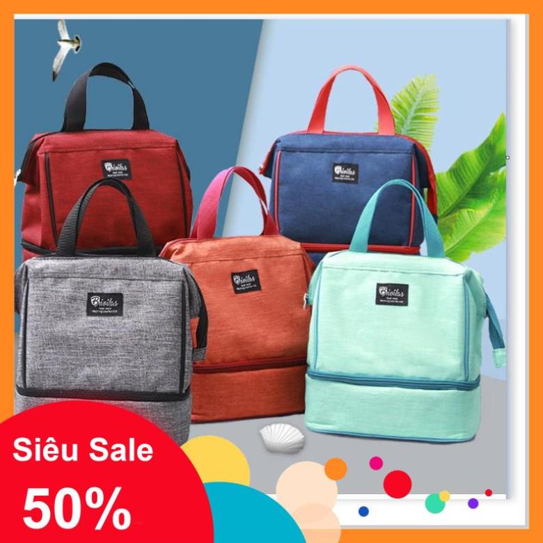Túi giữ nhiệt 2 ngăn 💕𝑭𝑹𝑬𝑬𝑺𝑯𝑰𝑷💕 Túi cách nhiệt đựng đồ ăn 2 ngăn 23x16x34cm Bivilas Giỏ đựng hộp cơm 9611