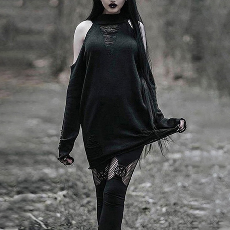 Áo Sweater Dệt Kim Dáng Rộng Tay Dài Khoét Lỗ Hở Vai Phong Cách Gothic Gợi Cảm Cho Nữ