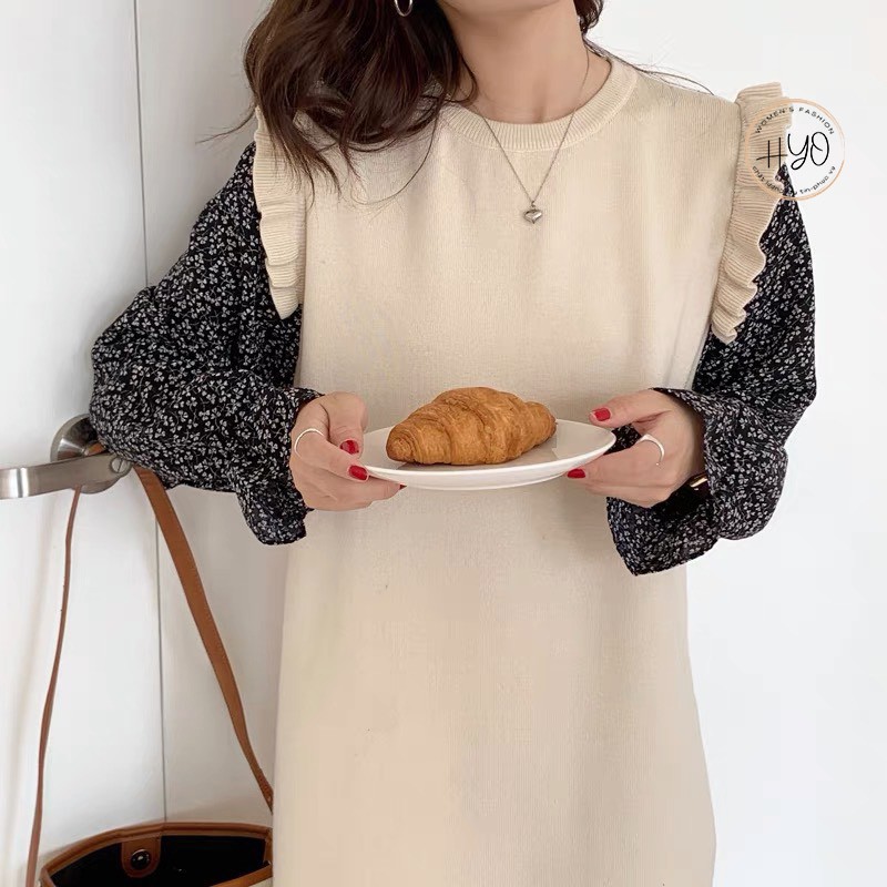 Váy len suông dáng dài tay voan bồng Len dệt kim cao cấp Quảng Châu