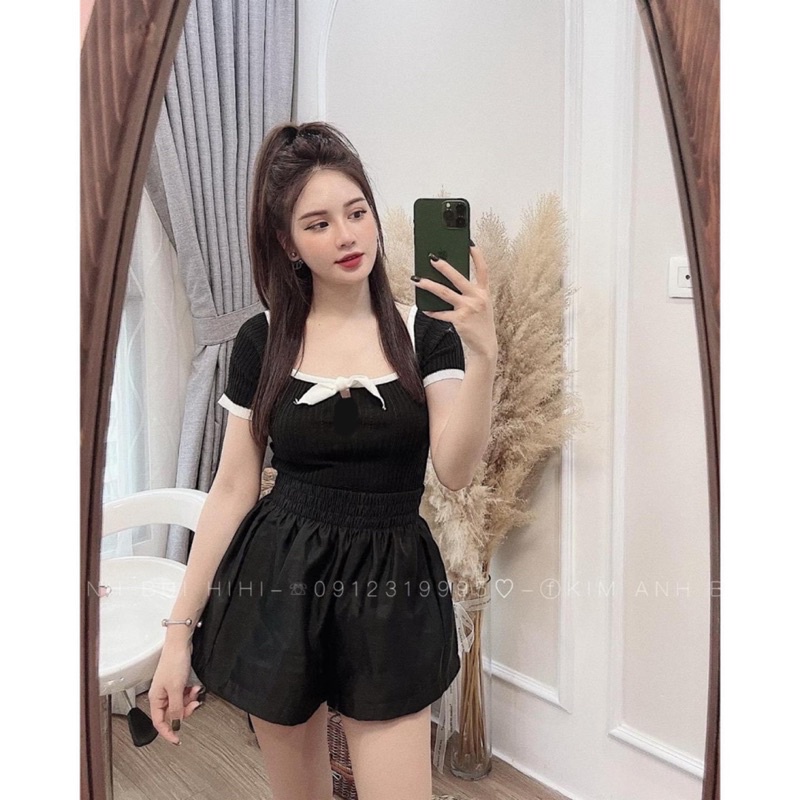 Áo thun cổ nơ dáng ôm đơn giản