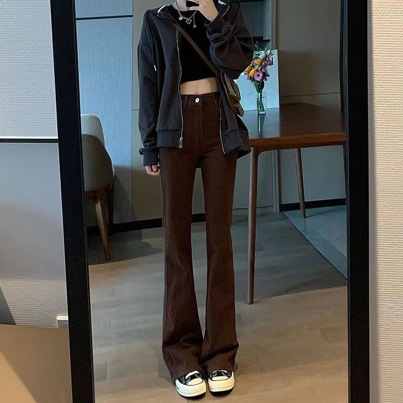 Jiashucheng Quần Jean Nữ Ống Loe Lưng Cao Màu Nâu Phong Cách Mới Mùa Xuân Hè