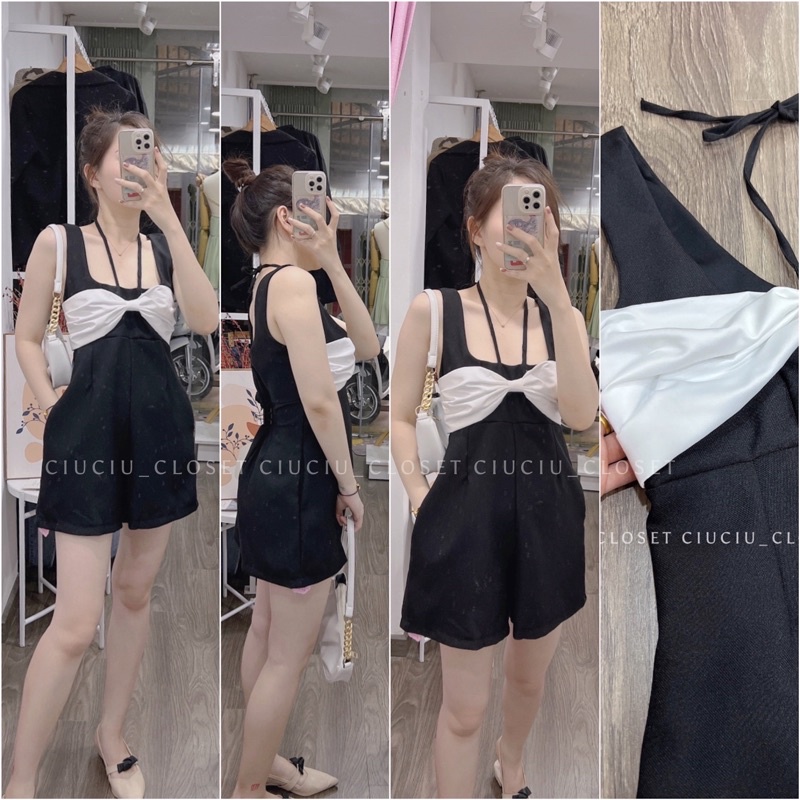 [SẴN/ẢNH THẬT]Jumsuit 2Dây Bản To Phối Nơ Trắng Chất Dày Dặn