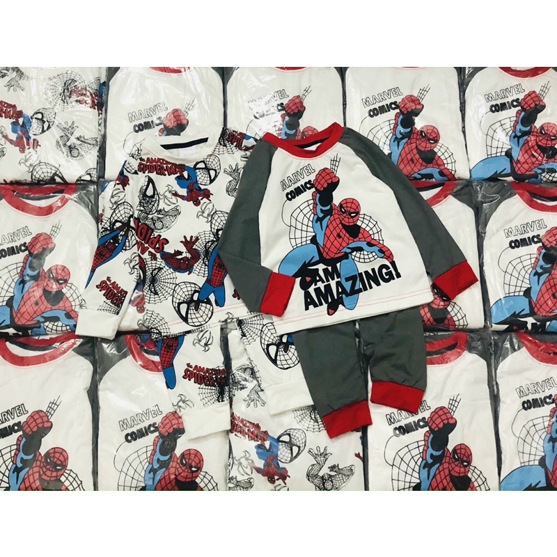 Set 2 bộ cotton dài tay cho bé trai hoạ tiết nhện trắng ghi