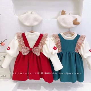 Váy yếm nhung áo len tăm điệu đà cho bé
