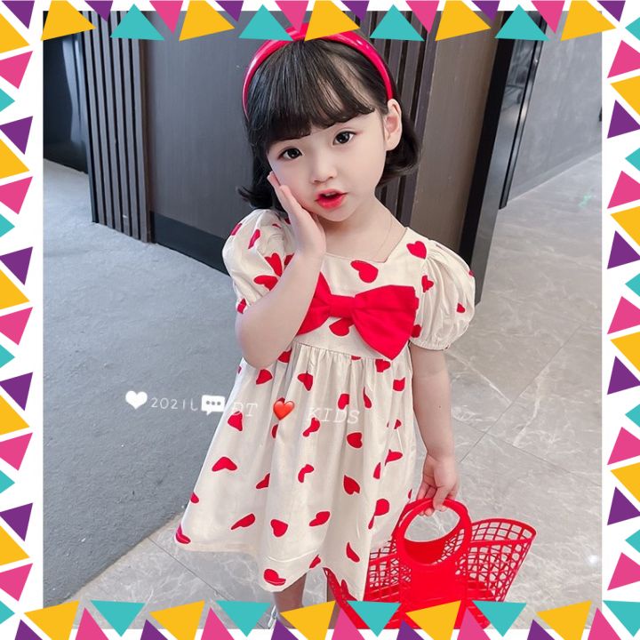 Váy BabyDoll Tim Đính Nơ Chất Đũi Xốp Xinh Xắn Cho Bé Có 2 Màu (V013)