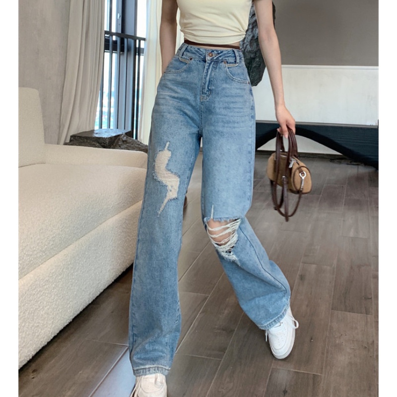 Quần Jean Nữ Lưng Cao Ống Đứng Rách Gối Thời Trang