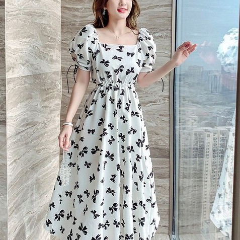 Classic French Low Waist Dress Korean Style Butterfly Square Print Square Neck Fashion White Skirt